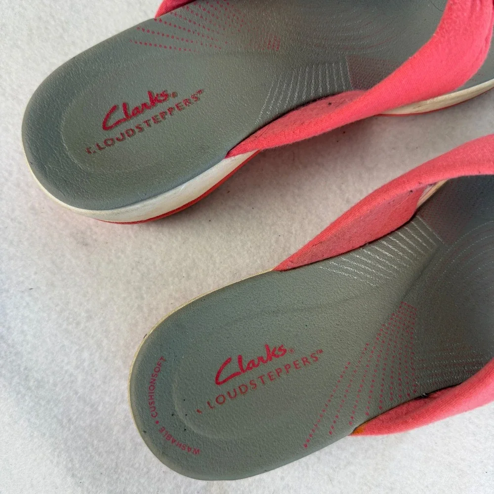 Clarks Cloudsteppers Arla Glitz‎ Coral Pink Wedge Sandals Womens US 8 UK 5.5